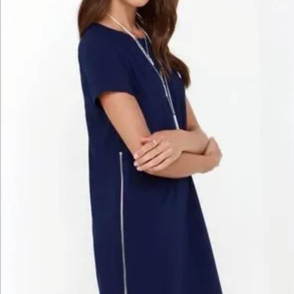 Lumiere Side Zip Shift Dress Blue Short Sleeve Size Small